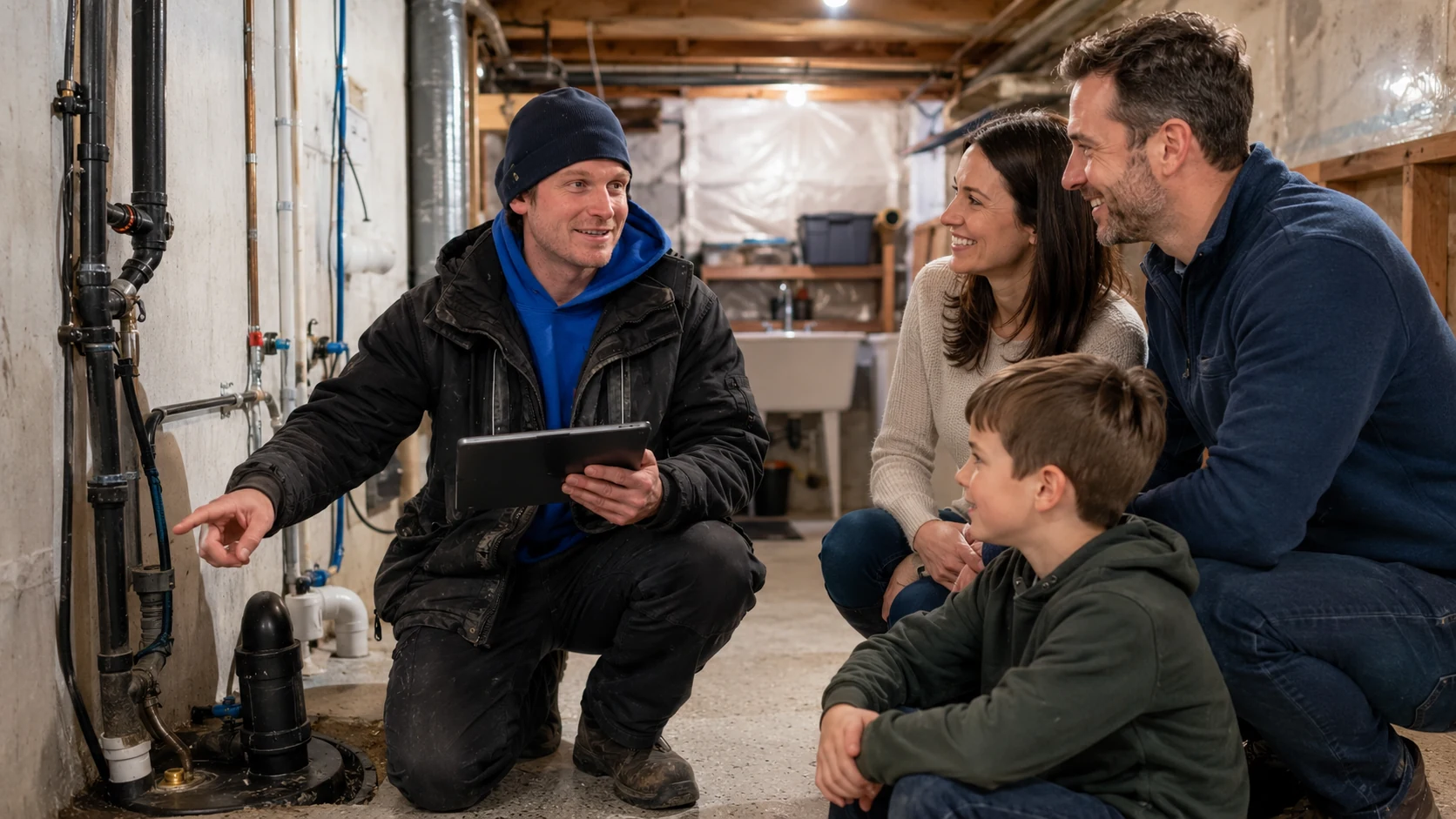 Matt Ouellette explaining a basement plumbing system to homeowners