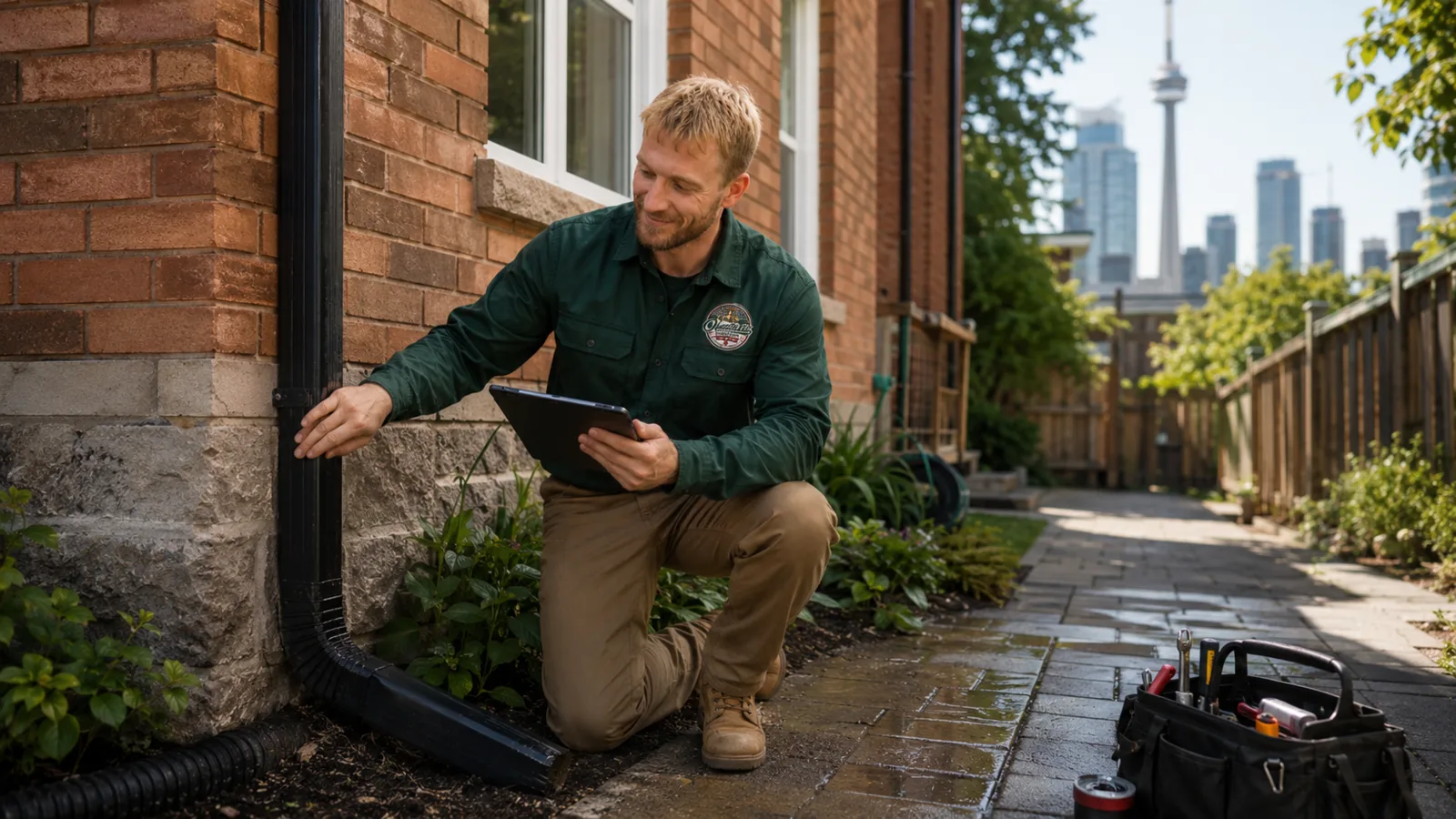 Plumber inspecting exterior drainage at a Toronto home