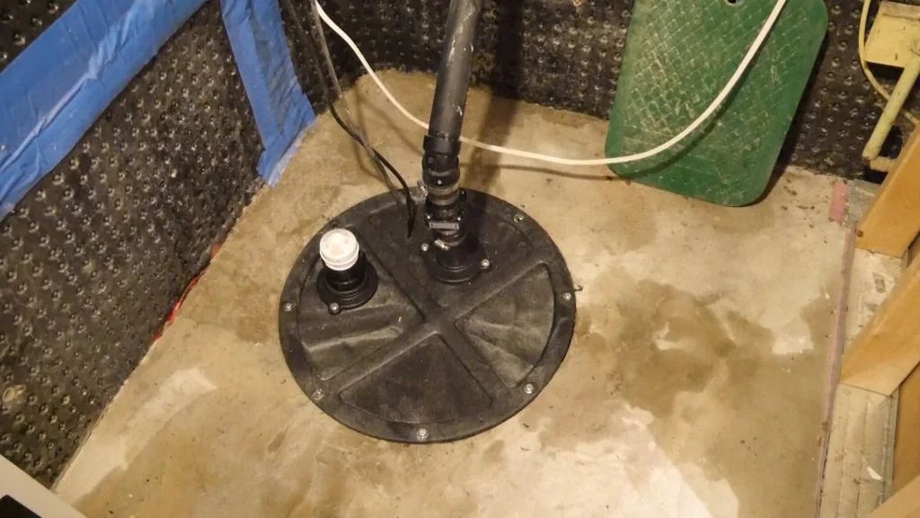 Basement sump pump system with sealed cover and discharge pipe